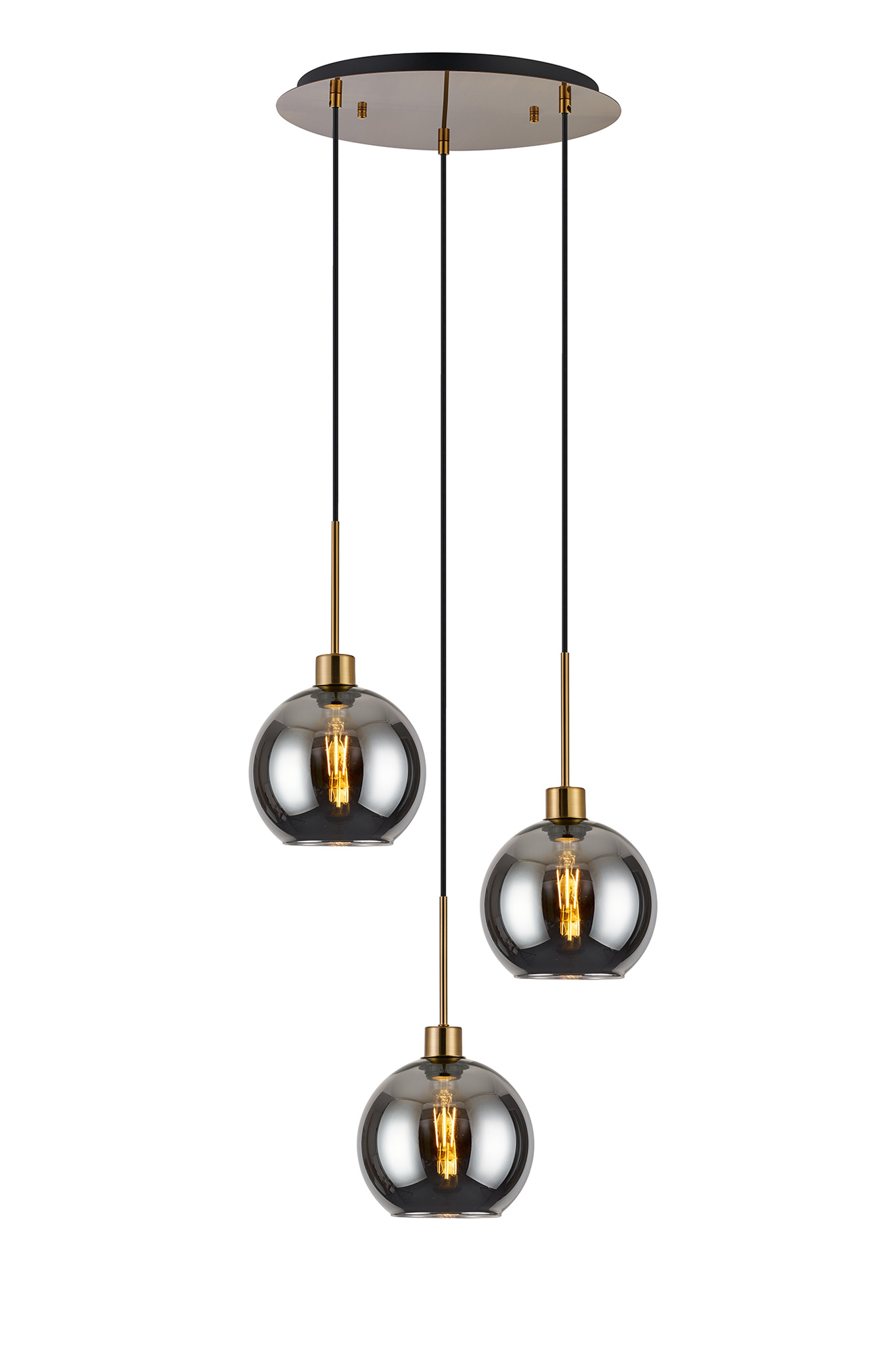 DK1181  Lori 40cm Round Pendant, 3 Light Adjustable E27, Antique Gold/Smoke Open Mouth Round Globe Shades